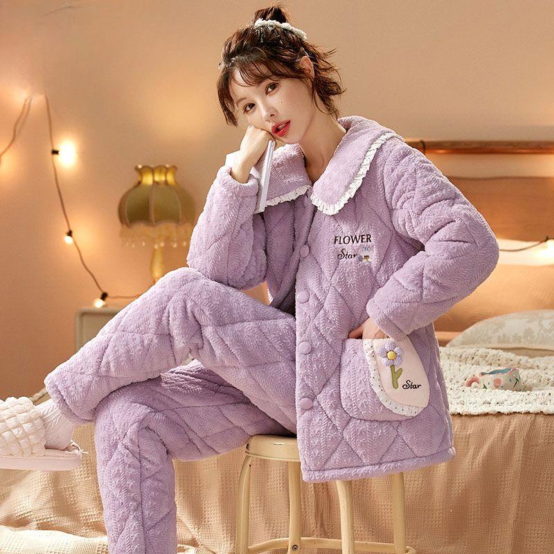 Коралловая бархатная пижама женская зимняя трикотажная стеганая куртка из толстой фланели корейский кашемировый женский комплект домашней одежды можно носить на улице