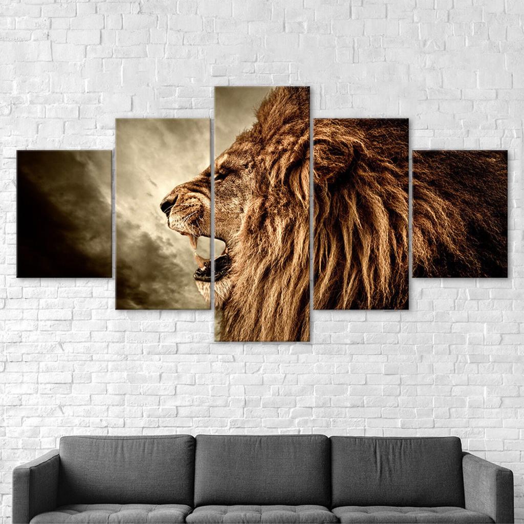 Lion Roaring Wildlife Animal 5 Piece Five Panel Wall Canvas Print Modern Art Poster Home Decor Gift For Him For Her