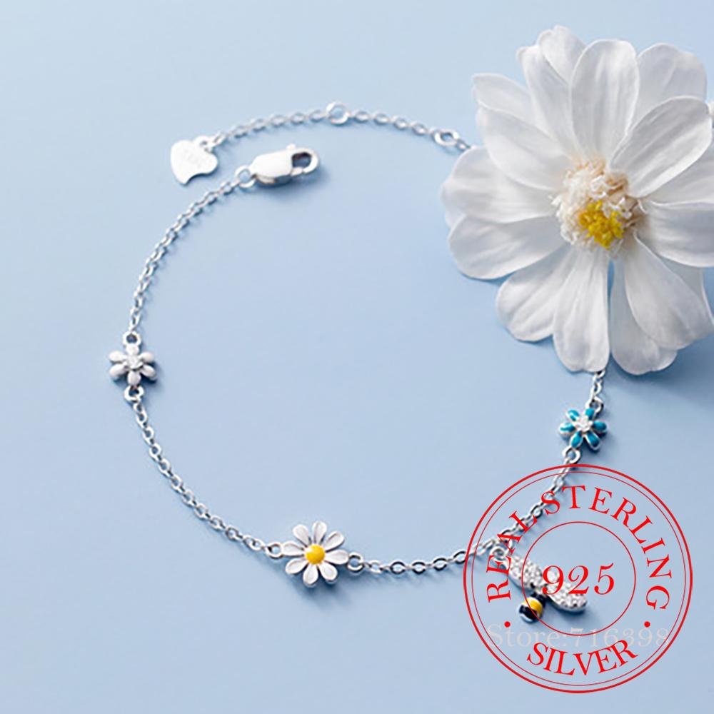 925 Sterling Silver Daisy Bee Charm Bracelet For Women Girls Party Wedding Trendy Bangle Bijoux Luxury Jewelry Accessories
