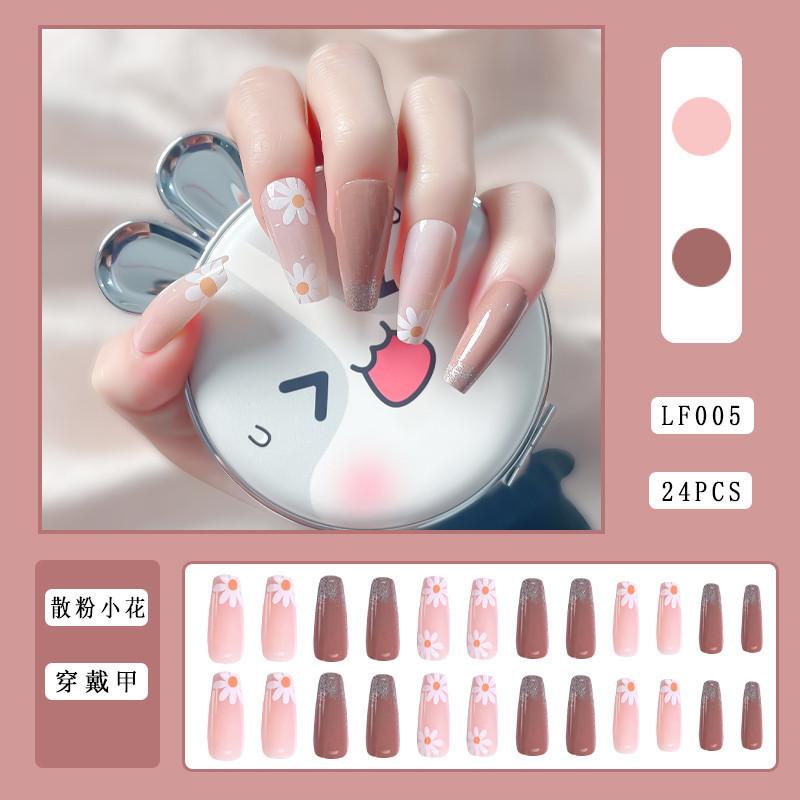 24PCS/SET Quick Nails Flower Diamond Manicure Long Ballet False Nails Waterproof Wearable Ready-made Nail Stickers