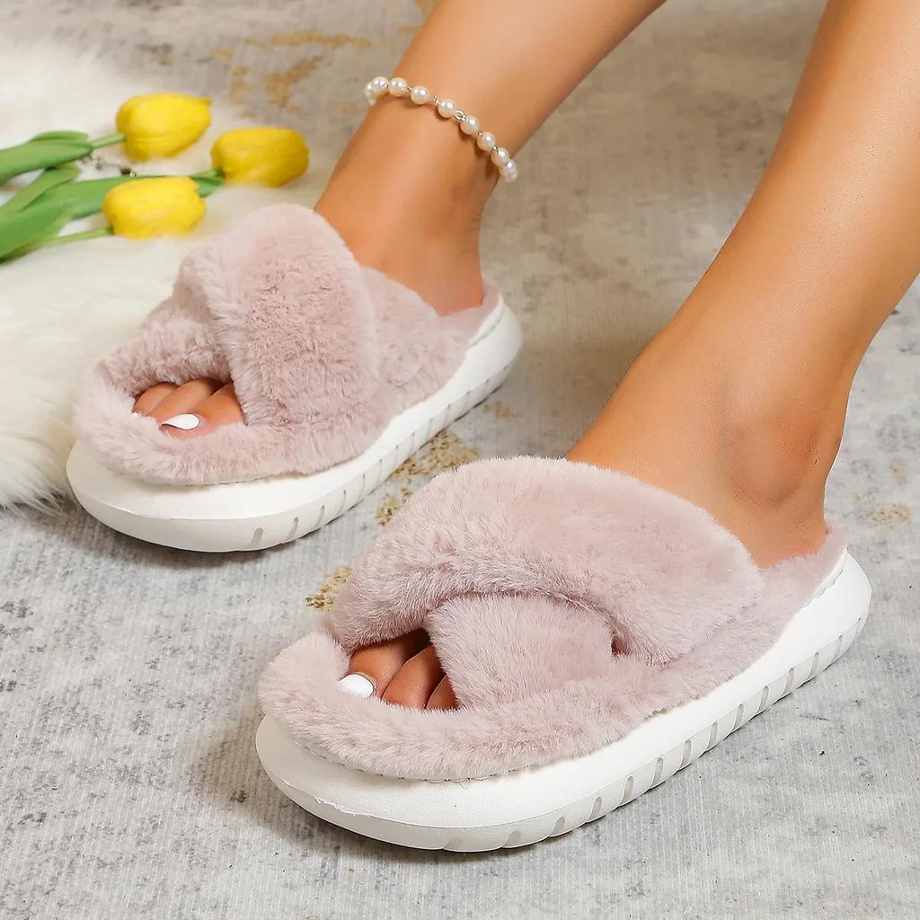Design Women Winter House Furry Slippers Women Cross Fluffy Fur Home Peep Toe Slides Flat Indoor Shoes Flip Flops 2025
