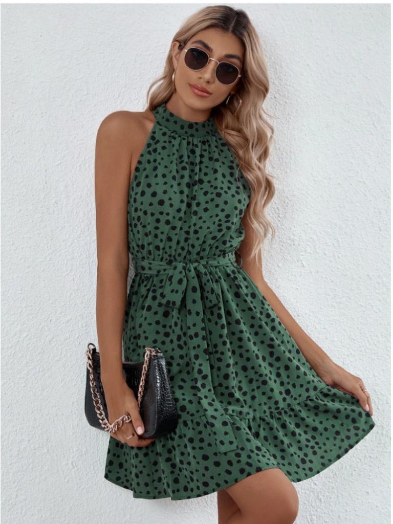 Halter Neck Round Dot Dress Lace Up Ruffle Edge Dress Sleeveless Chiffon Dresses Causal Women Dress