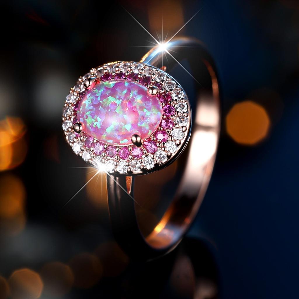 Opal ring with diamond setting Oval Opal and Blue-White Cubic Zirconia Mixed-Setting Light Luxury Women's Ring