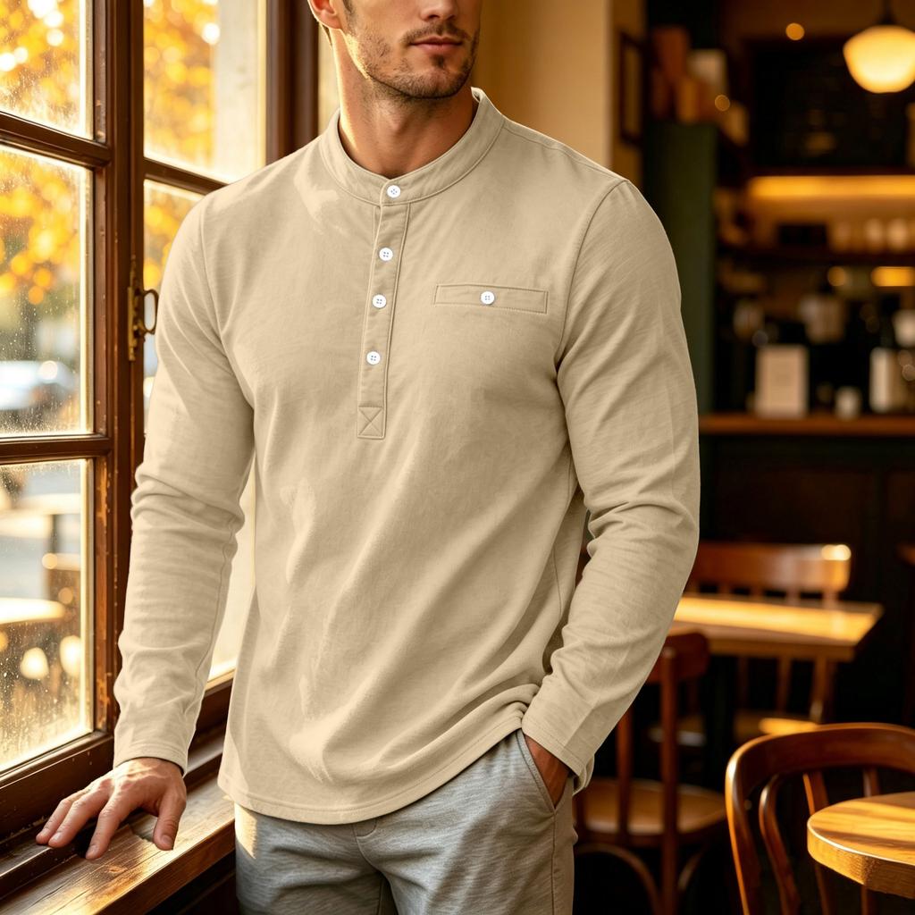 Men’s Stand-up Collar, Multi-Pocket, Breathable Knit, Loose-Fit, Stand-up Collar, Commuter-Style, Henley, Long-Sleeved