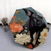0106 Черный зонт-трость с цветочным узором и изображением собаки, автоматический складной, портативный и компактный дизайн, 8 спиц, рождественский или подарочный вариант.