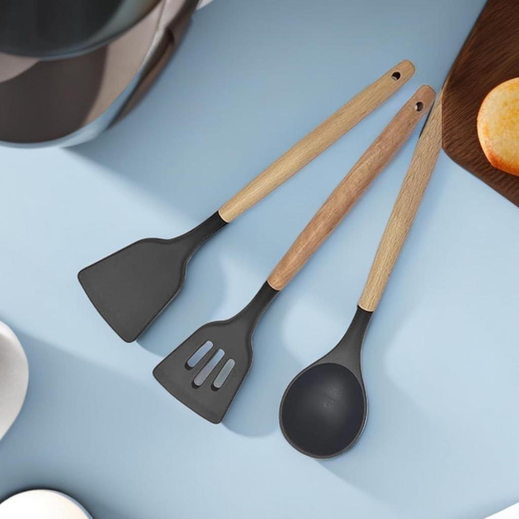 Набор из 3 предметов кухонной утвари из силикона с антипригарным покрытием и деревянной ручкой - Термостойкая кулинарная лопатка для посуды (черный)