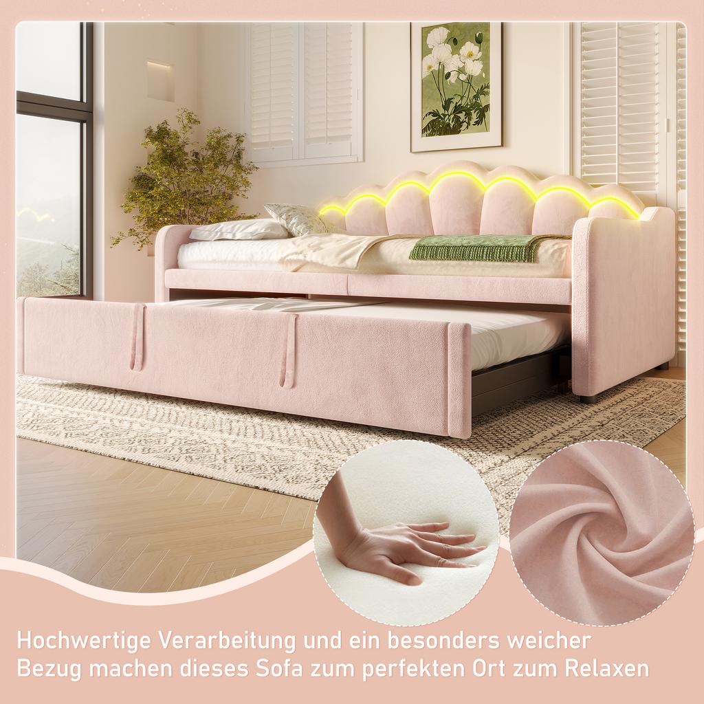 Daybed with Pull-Out Bed, Sofa Bed, Single Bed (Without Mattress), Double Bed, Velvet, Color-Changing LED Strip, 90x200cm(180x200cm), Pink