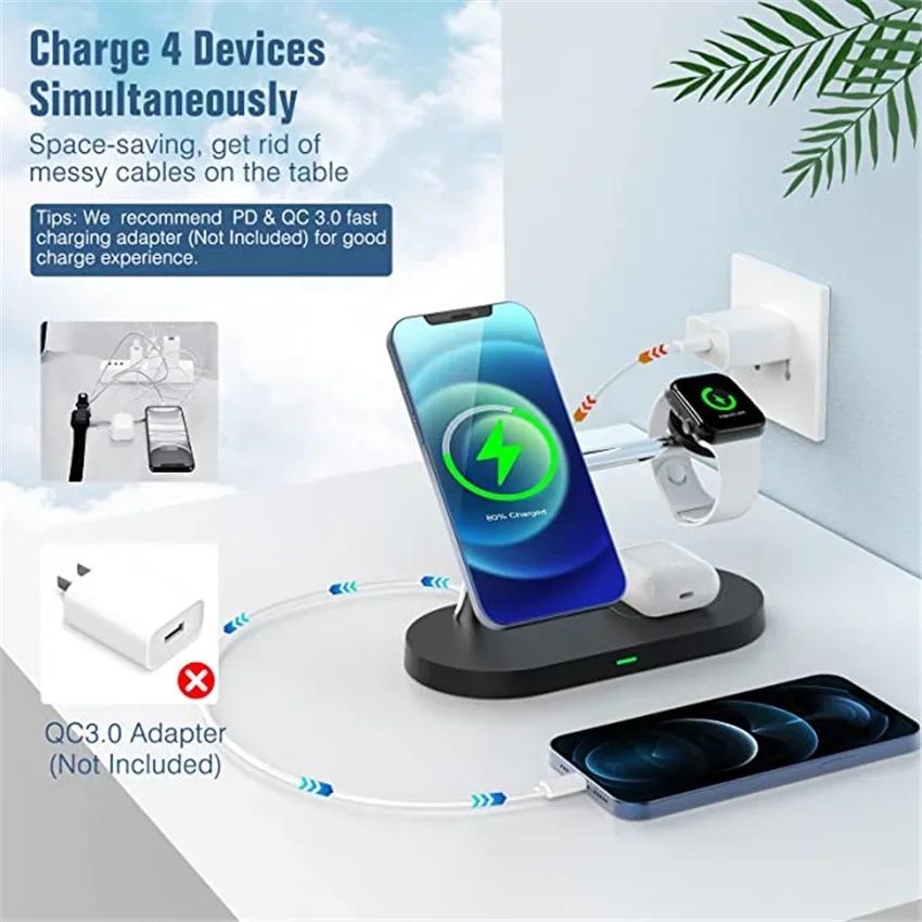 5 в 1 Магнитное беспроводное зарядное устройство LED для iPhone 16 15 14 13 12 Watch10-2 Airpods Pro USB-порт для зарядки Станция быстрой зарядки