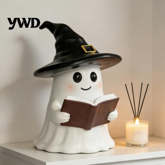 Kawaii Ghost Table Lamp Halloween Figurine with LED Light, Resin Witch Hat Statue Led Glowing Guitar/Book, Cute Luminous Sculpture for Home