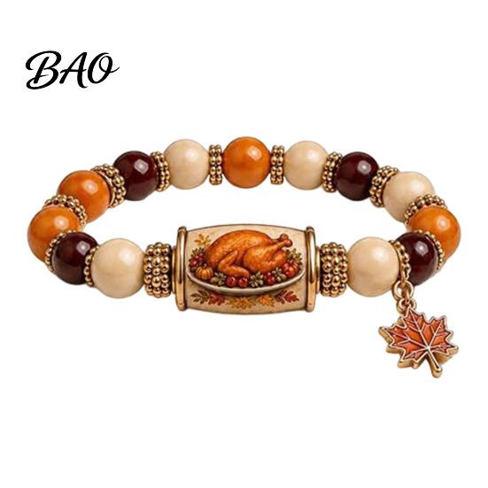 Autumn Elastic Jewelry Thanksgiving Bracelet for Women, Holiday Beaded with Decorative Wrist Ornament Maple Leaf Charm, Stretch Fall Harvest