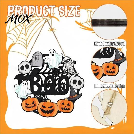 Scary Party Supplies Halloween Wooden Wreath Door Hanger Sign, Pumpkin Ghost Black Cat Witch Rustic Wall Art Bat Patterns, Hanging Plaque for