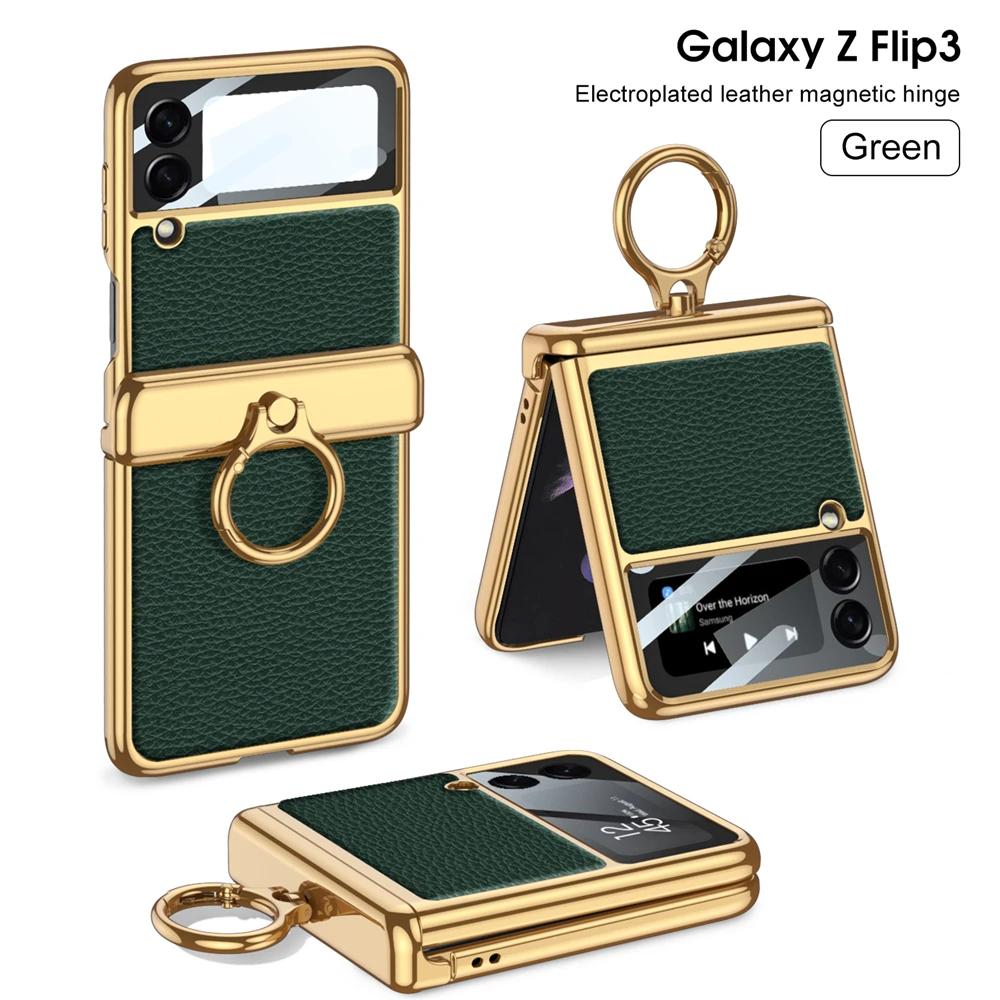 Чехол для Samsung Galaxy Z Flip 3 4 5 6 Ультратонкая Защита Экрана Coque Fundas Роскошная Кожа С Кольцом Гальваническое Магнитное Покрытие