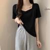 Женская летняя футболка с V-образным вырезом, свободного кроя, в корейском стиле, с коротким рукавом, однотонная, повседневная