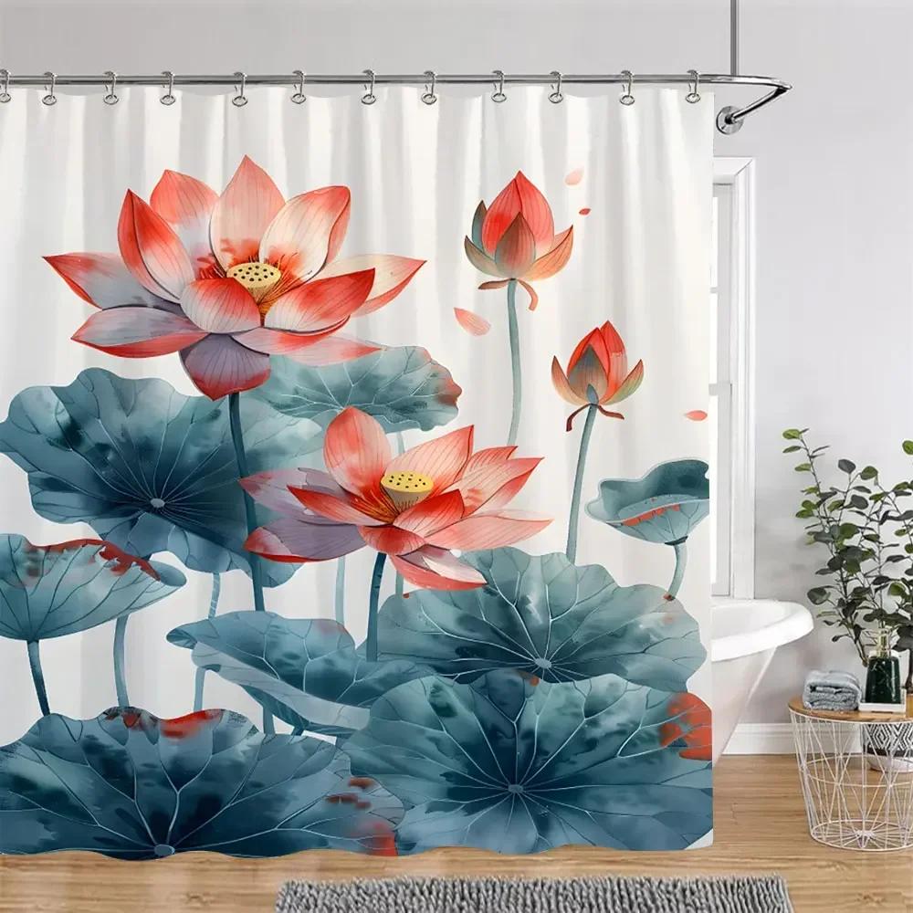 Elegant Lotus Pond Shower Curtain - Traditional Chinese Landscape Design for Modern Bathroom Décor, Waterproof & Easy Care