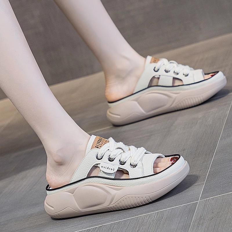 Шлепанцы из натуральной кожи Женские Ажурные Мюли Летние С открытым носком Дышащие Повседневные Туфли Клинья Платформа Кроссовки на шнуровке