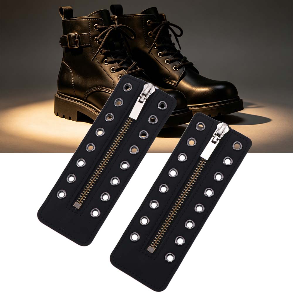 Black Leather Lace-in Boot Zipper Inserts Metal Eyelets 8 Holes Zipper Boot Laces Shoe Accessory Adjustable No Tie Shoe Laces