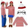 Red White Striped Shirt Halloween for Adults Kids, Nerd Glasses Matching Clothes Hat Included, Men Women Children Sweatshirt Cosplay Costume
