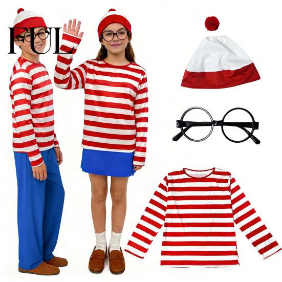 Red White Striped Shirt Halloween for Adults Kids, Nerd Glasses Matching Clothes Hat Included, Men Women Children Sweatshirt Cosplay Costume