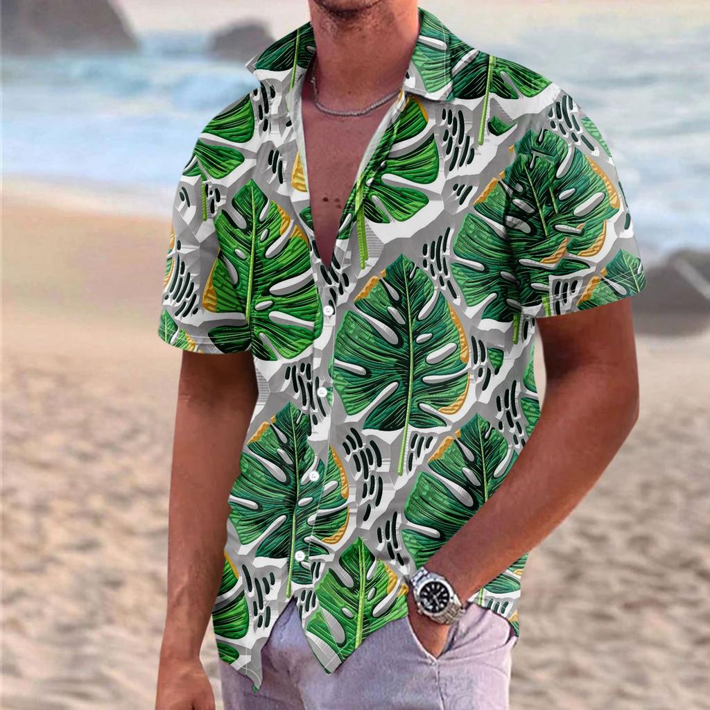 Men's Summer New Loose Print Short Sleeve Shirt Cardigan Beach Shirt