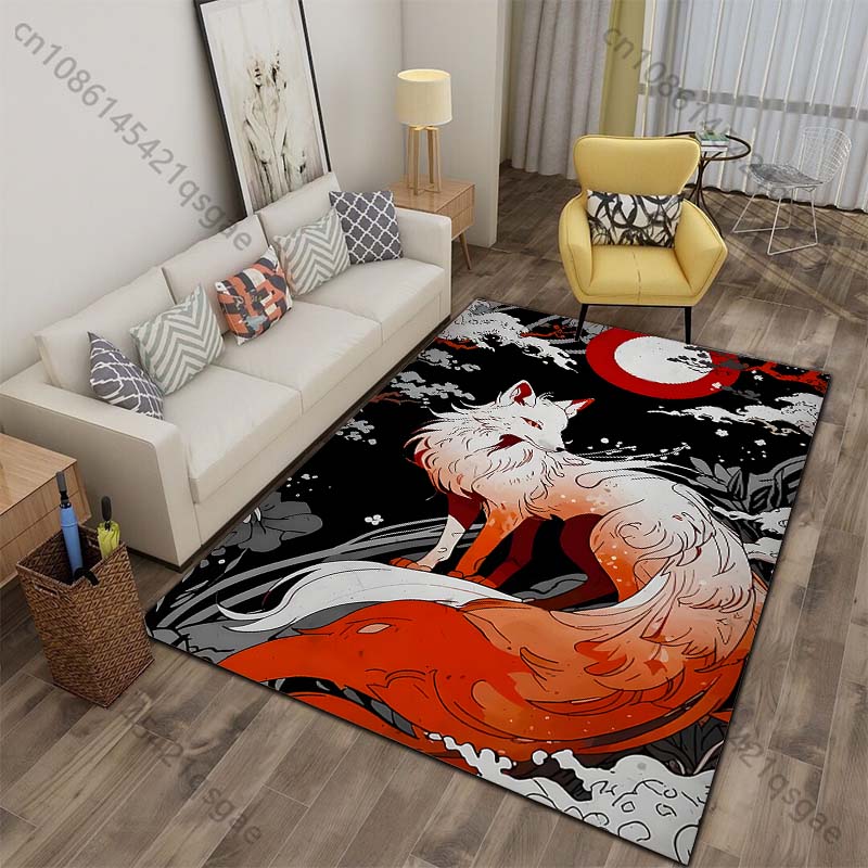 White fox red moon night forest mystical Print Carpet for Living Room Bedroom Sofa Home Decor Non-slip Mat Luxury Gift