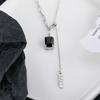 S925 Sterling Silver Necklace Sweet Cool Girl Black Diamond Square Tassel Splicing Pull Clavicle Chain Necklace Black Square Brand Necklace