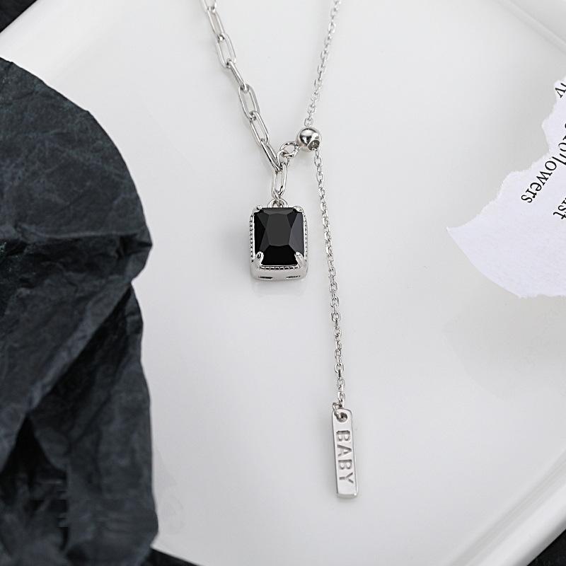 S925 Sterling Silver Necklace Sweet Cool Girl Black Diamond Square Tassel Splicing Pull Clavicle Chain Necklace Black Square Brand Necklace