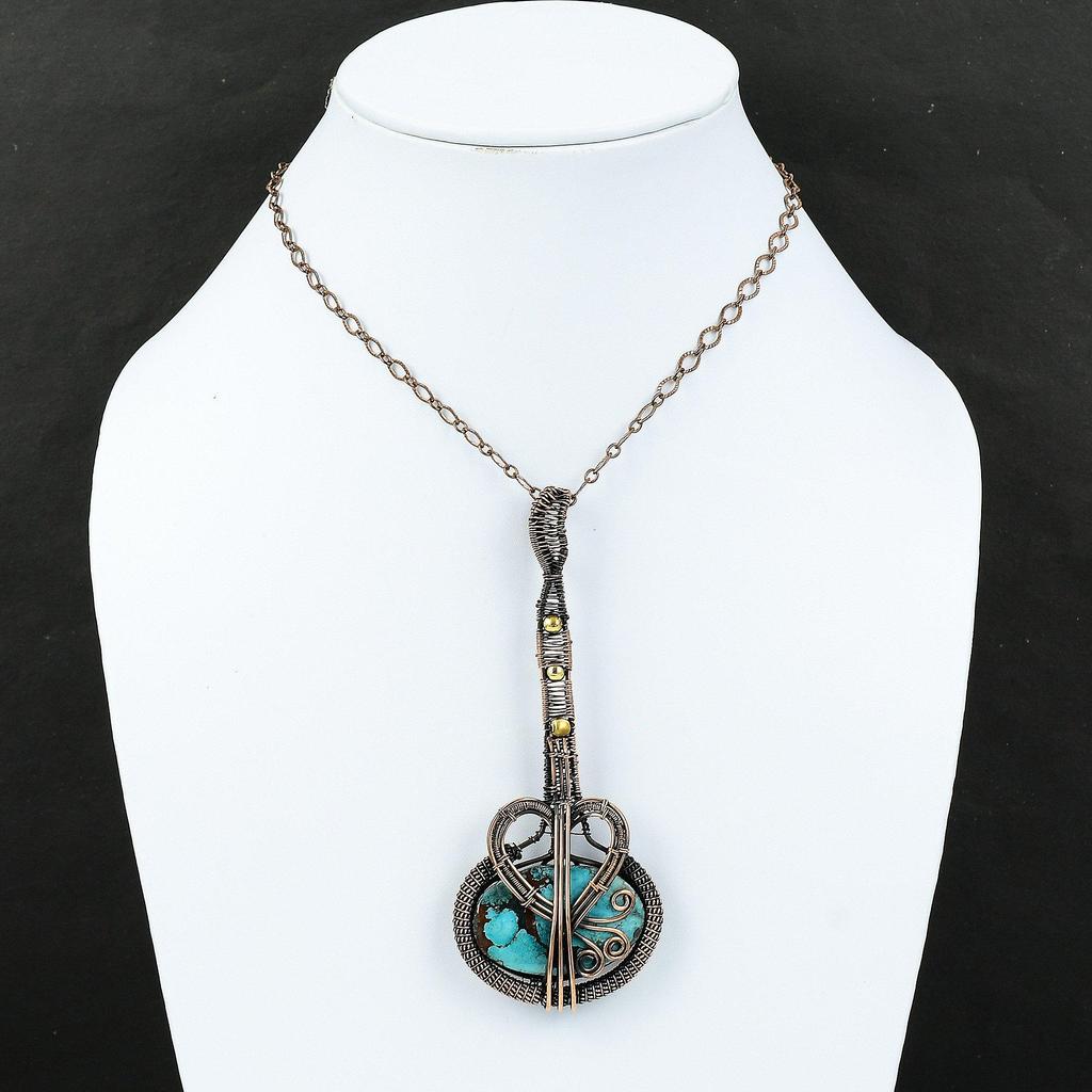 Подвеска из тибетской бирюзы, обернутая медной проволокой, Подвеска ручной работы, Медные украшения, Подвеска в виде гитары, Подарок для него, Украшения из натуральных драгоценных камней