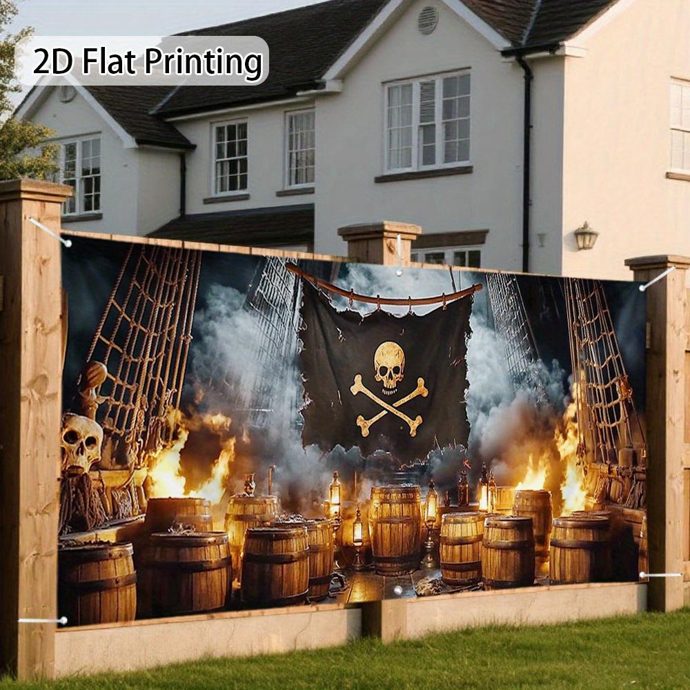 A 2D flat banner, featuring a Halloween pirate ship, is perfect for decorating your garage door.
