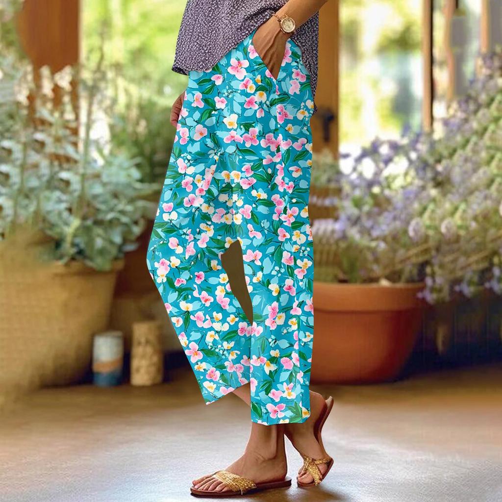 Women's Fashionable Floral Print Straight Leg Pocket Elastic Waist Casual Pants Pants