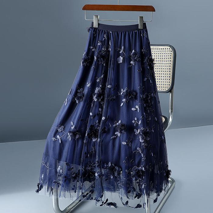 Женская весенне-осенняя юбка А-силуэта с высокой талией, двухслойная, из сетки с 3D-цветами, на все случаи жизни