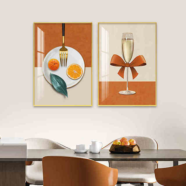 Абстрактное стекло для вина, оранжевая вилка, тарелка с бантом, посуда для ресторана, холст, картина для гостиной, украшение ресторана, без рамки
