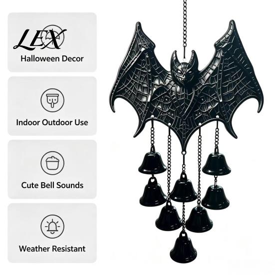 Three Dimensional Relief Art Gothic Bat Metal Wind Chime, Halloween Hanging Ornament with Multiple Bells, 3D Outdoor Garden Yard Ornaments Embossed
