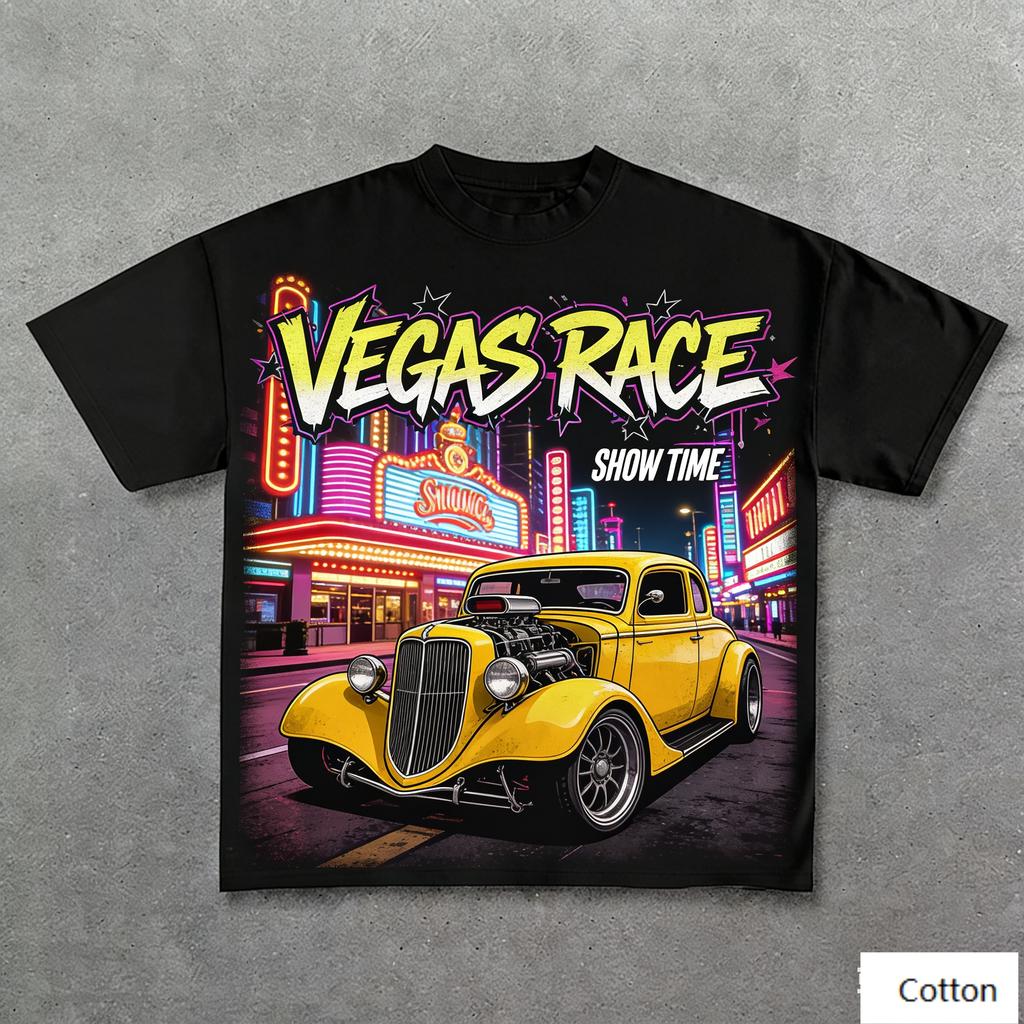 Oversized Black Cotton TShirt with Bold Vegas Race Hot Rod Graphic Unisex Streetwear Tee for Unisex and Women