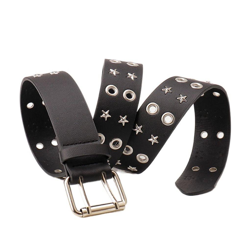 Pentagram Star Waist Belt Belt Double Row Hole Rivet Waist Belt PU Leather Waistbands Daily
