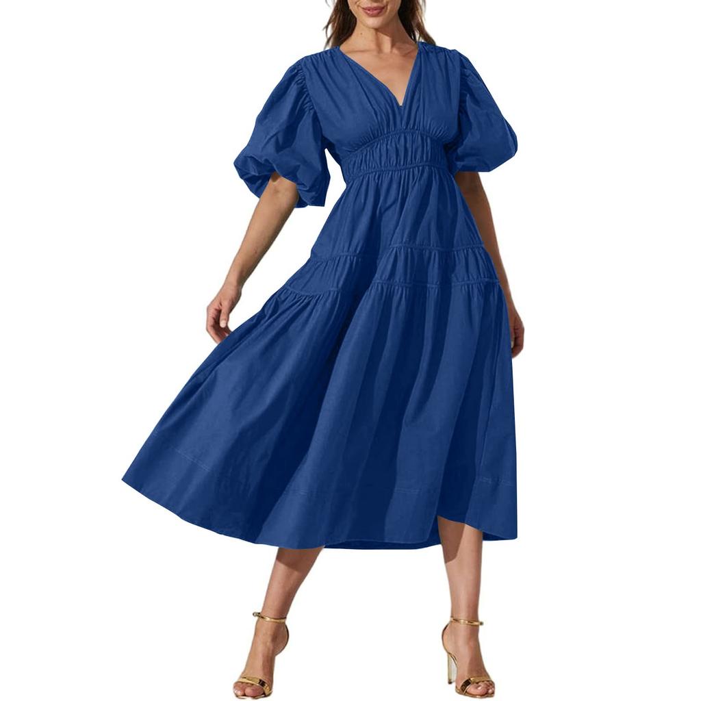 Women's Bohemian Floral Midi Smocked Beach Loose Casual Dress