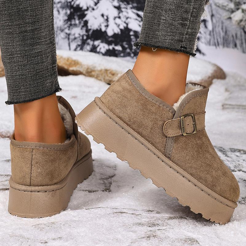 Модные зимние ботильоны на толстой подошве с пряжкой, женские 2025, из искусственной замши на платформе, женские зимние ботинки, слипоны, короткие плюшевые хлопковые туфли