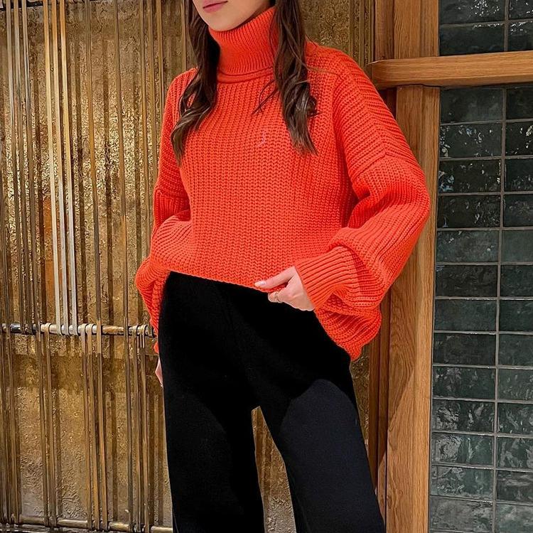 JKASHDK Women's Fashion Casual Solid Color Print Autumn Winter Plus Size Long Sleeve High Neck Loose Thick Sweaters