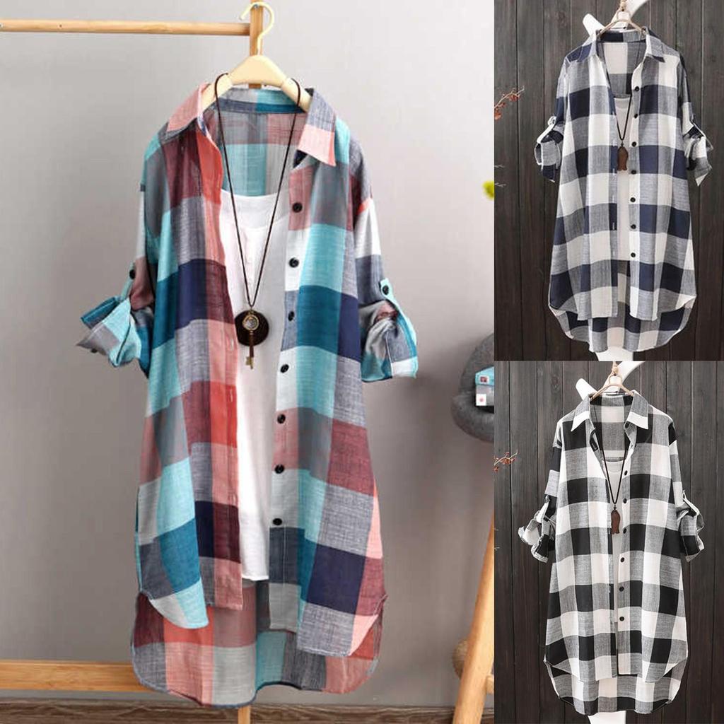 Women Casual Plaid Shirt Fashion Oversized Loose Button Outdoorwear Tunic Shirt Blouse Female Long Sleeve Beach Sun Tops