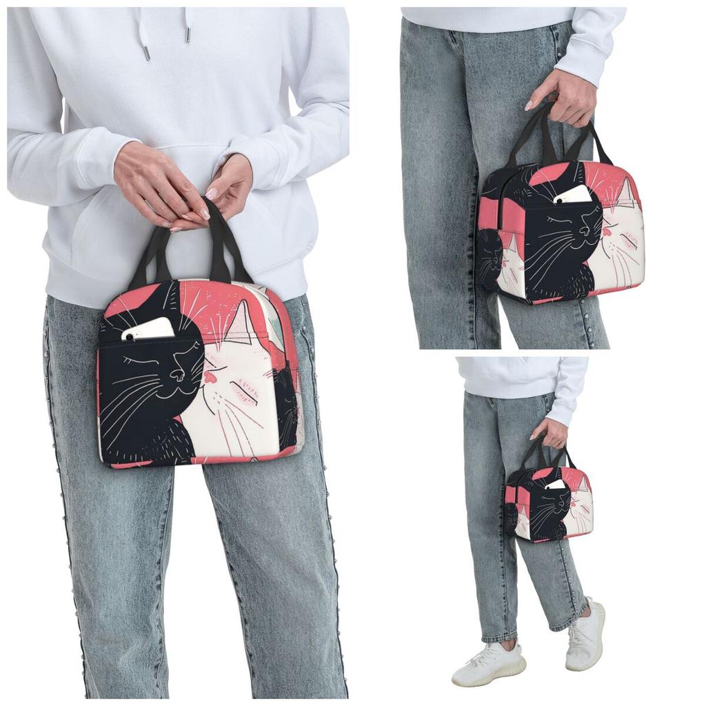Cartoon Black White Cat Print Insulated Lunch Bag for Women Office Cooler Thermal Food Box Tote Leakproof Lunch Boxes Container
