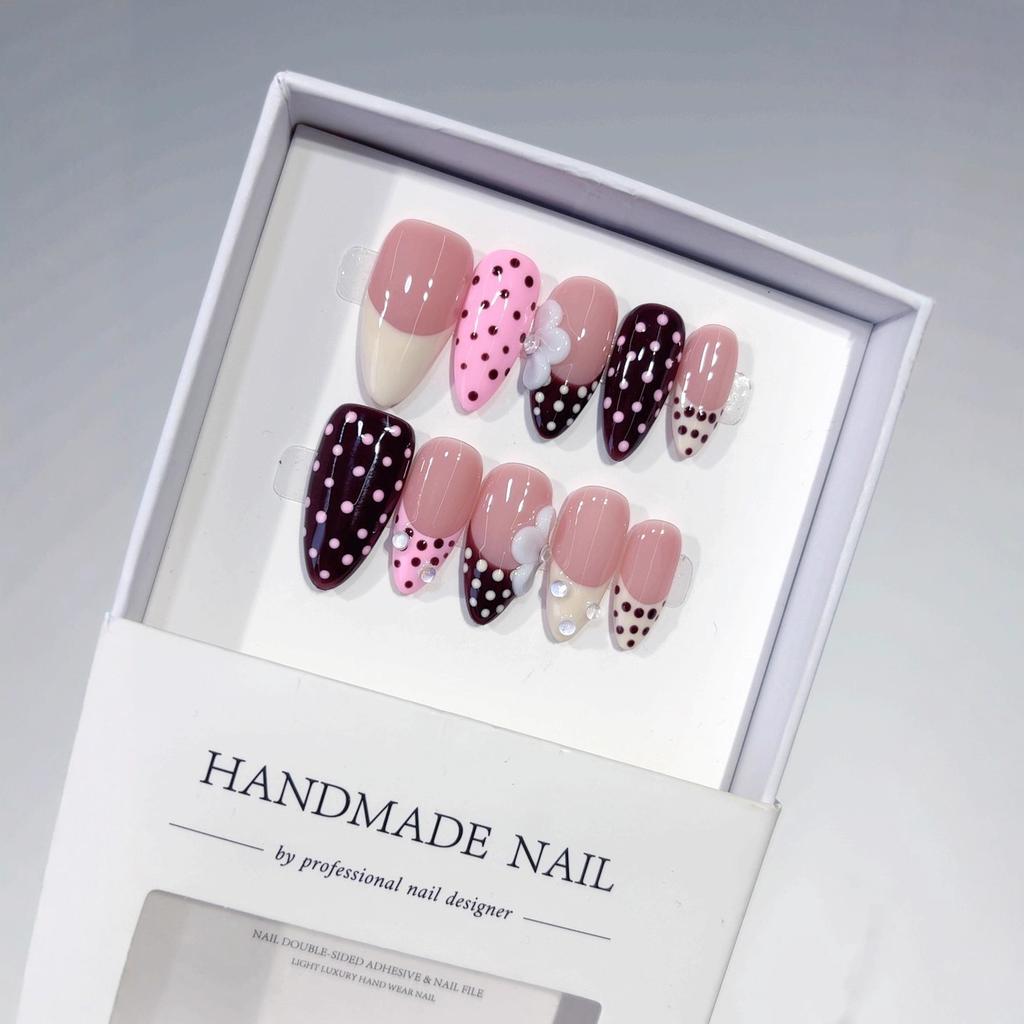 Almond Nail French Polka Dot Three-dimensional Engraving Hand-worn Contrasting Color Sweet Wind Fake Nails