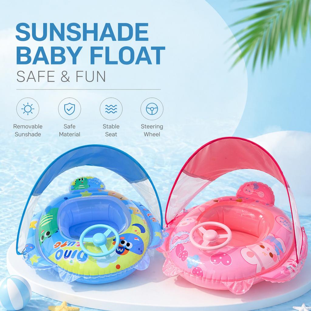PVC Upgraded Inflatable Baby Pool Float with Canopy and Anti-Tip Seat with Steering Wheel Baby Beach Essentials for 6-36M