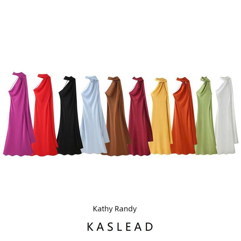 Kaslead New Women Clothes Western Style Fashion Slim Fit Simple Ribbon Hanging Neck Waist-Exposed Jumpsuit Long Dress