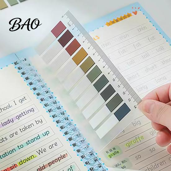 Writable Index Labels Sticker Tabs with Built-in Scale Ruler, Morandi Color Transparent PET Sticky Notepads Page Markers, Compact Book for Classify