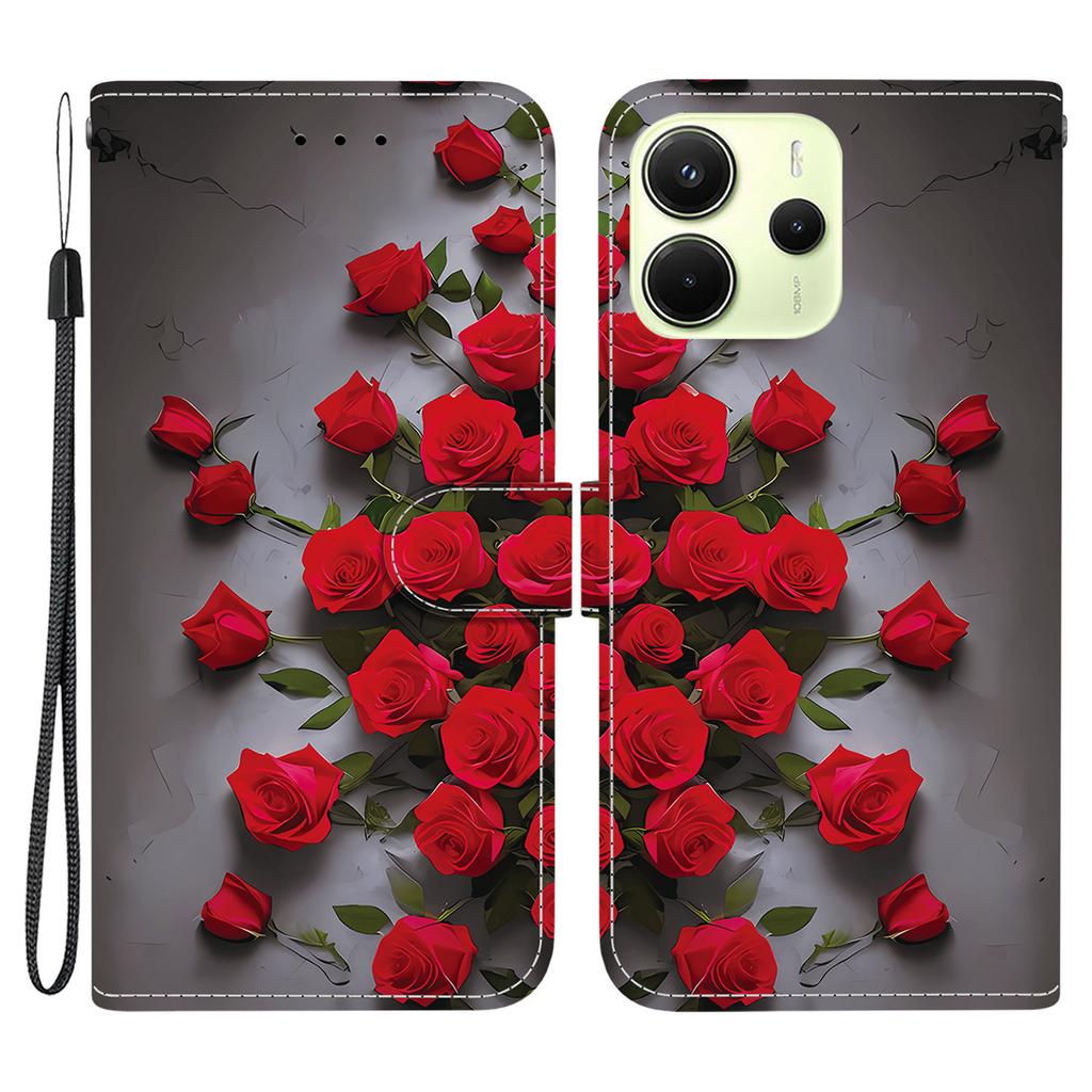 Для Xiaomi Redmi Note 14 4G (163,25 мм) Кожаный чехол-подставка-кошелек с принтом и ремешком на запястье