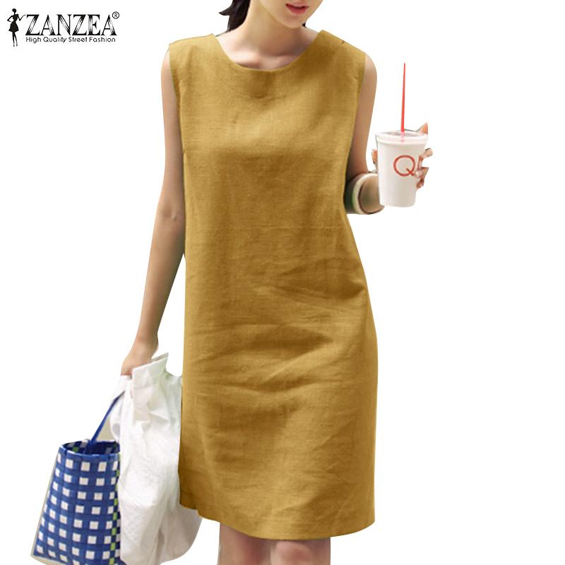 ZANZEA Женское летнее хлопковое платье-майка без рукавов с круглым вырезом