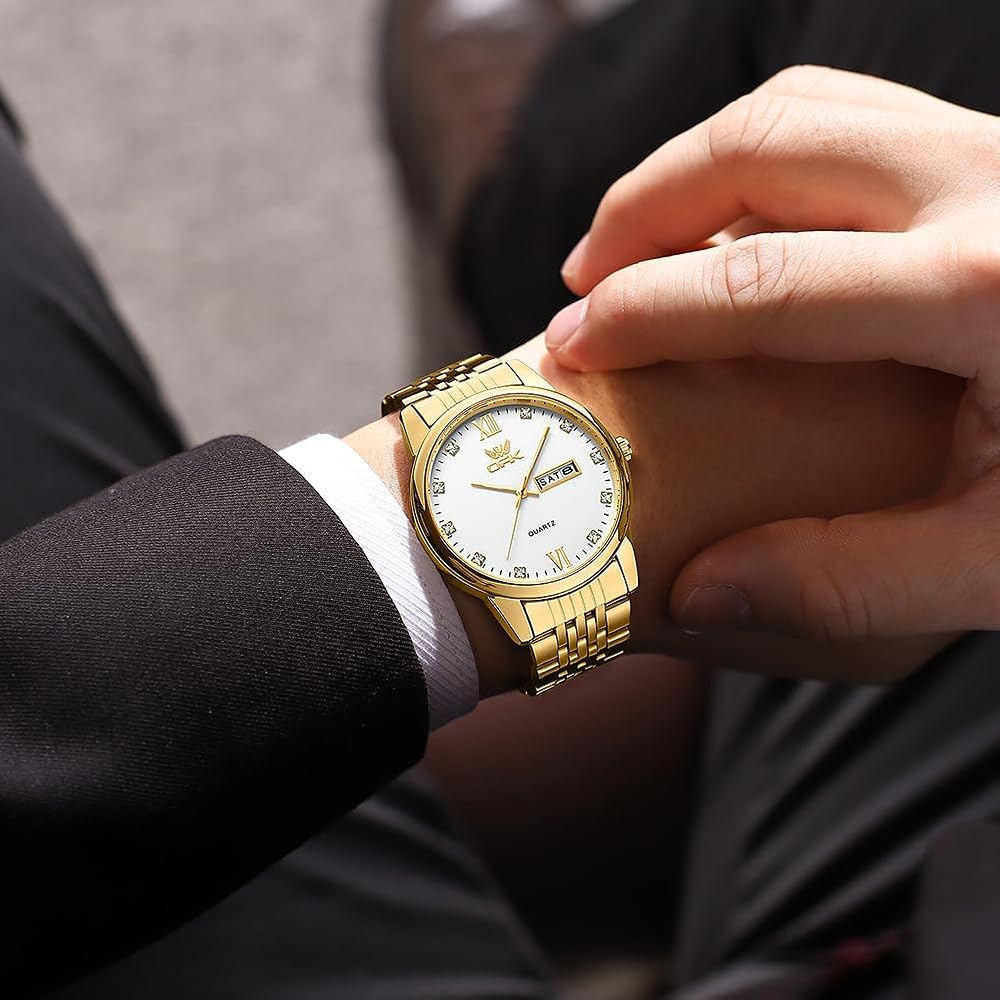 Men's Quartz Business Watch with Calendar, Day-Date, 40mm Round Face, Stainless Steel, Japanese Movement, Water Resistant Gold