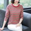 Large Size Loose Cotton Long Sleeve T-shirt Women's Middle-aged and Elderly Clothes Autumn Clothes Striped Base Layer Shirts