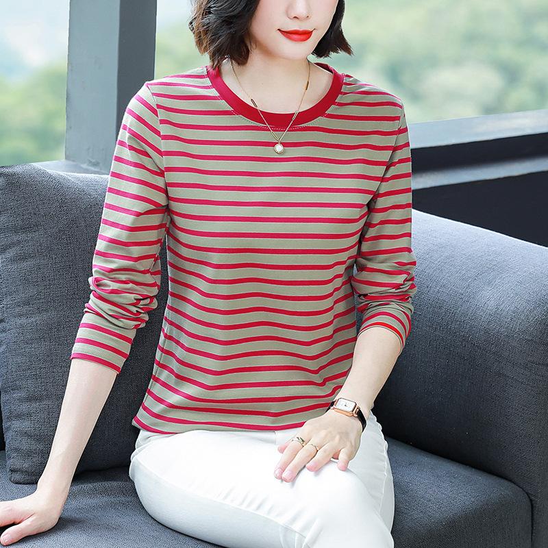 Large Size Loose Cotton Long Sleeve T-shirt Women's Middle-aged and Elderly Clothes Autumn Clothes Striped Base Layer Shirts