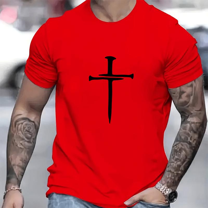 Cotton Short Sleeved Men's T-shirt with Cross Pattern Printed On It, Men's Summer Outdoor Clothing, Daily Style, Fashionable and