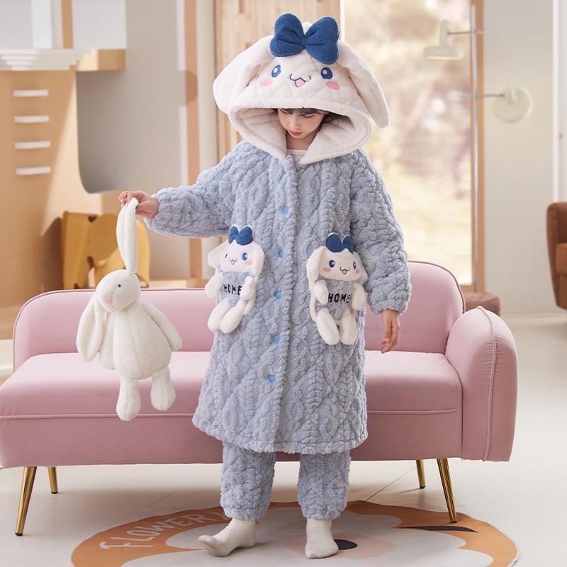 Girls Winter Warm Coral Fleece Pajama Set Thick 3-Layer Cotton Lined Cartoon Print Long Sleeve Sleepwear Ages 8